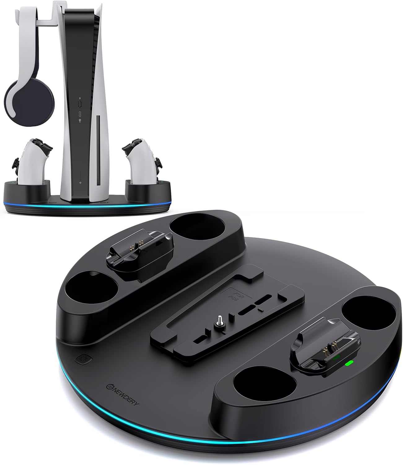 NEWDERY for PS5/Slim/Pro Console Stand, with Dual Charging Station for PS5 Controllers, Adjustable RGB Light, for PS5 Controller Charger Stand – Black NEWDERY for PS5/Slim/Pro Console Stand, with Dual Charging Station for PS5 Controllers, Adjustable RGB Light, for PS5 Controller Charger Stand – Black