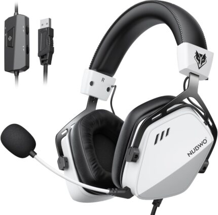 NUBWO HG03 USB-A Gaming Headset with 7.1 Surround and FPS Sound, Wired Headphones with Noise Canceling Mic, Comfortable Design for PC, Laptop – White