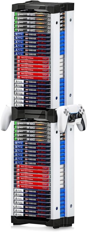 Nargos Video Game Storage Tower for PS5/ PS4/ PS3/ PS2/ PSP/Xbox One/Xbox 360 and Xbox Series X/S/Wii/Wii U/Switch/Switch 2 Game Cases, DVD and Blu-Ray Disks Holder Organizer (46 PCS)
