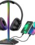 New bee RGB Headphone Stand with 1 USB-C Charging Port and 1 USB Charging Port, Desk Gaming Headset Stand with 7 Light Modes for All Earphone Accessories (Black)