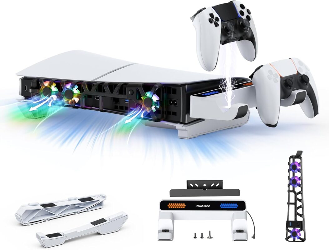 NexiGo PS5 Slim Horizontal Stand with Charging Station for Dual_Sense&Dual_Sense Edge Controllers,Silent Cooling Fan w/Intelligent Temperature Control, LED Indicators, White