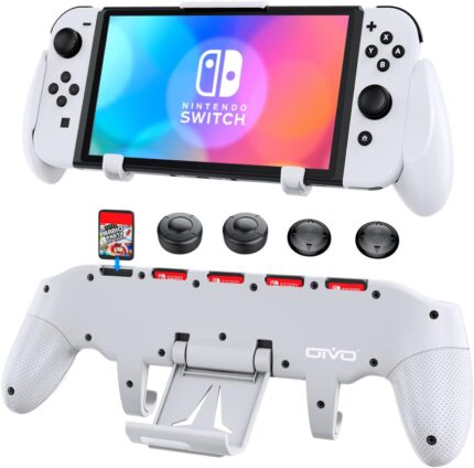 OIVO Switch Grip with Upgraded Adjustable Stand, Asymmetrical Grip with Adjustable Stand and 5 Game Slots-4 Thumb Caps Included-White