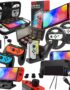 Orzly Accessory Bundle Kit designed for Nintendo switch Accessories Geeks and Oled console users Case and Screen protector, Joycon grips and Wheels for enhanced games play and more - Jet black