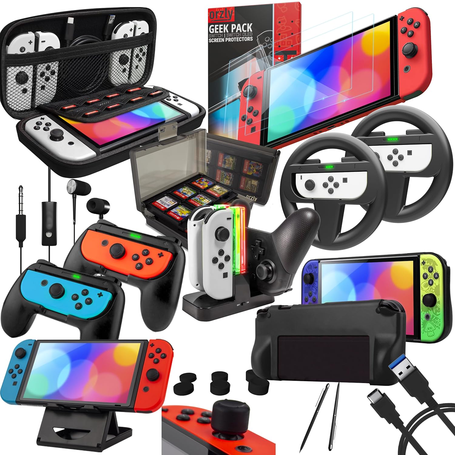 Orzly Accessory Bundle Kit designed for Nintendo switch Accessories Geeks and Oled console users Case and Screen protector, Joycon grips and Wheels for enhanced games play and more – Jet black Orzly Accessory Bundle Kit designed for Nintendo switch Accessories Geeks and Oled console users Case and Screen protector, Joycon grips and Wheels for enhanced games play and more – Jet black
