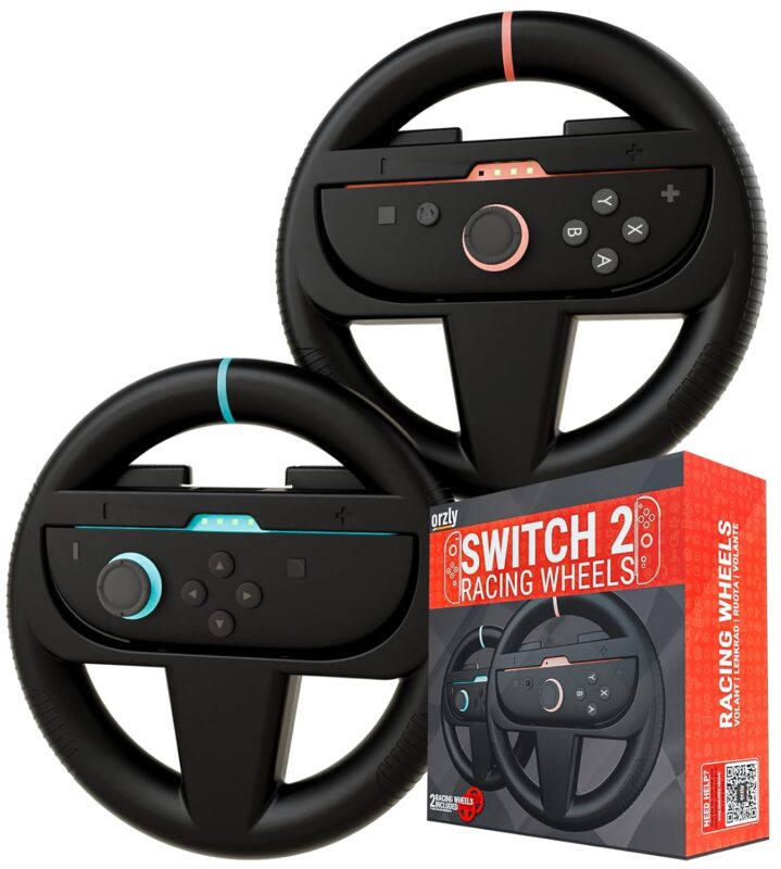 Orzly Steering Wheels – Compatible with Switch 2 (2025 Console) – Twin Pack Racing Wheel Accessories for Joy-Con Controllers and MarioKart Racing Games (2 Black Wheels) Gift Boxed