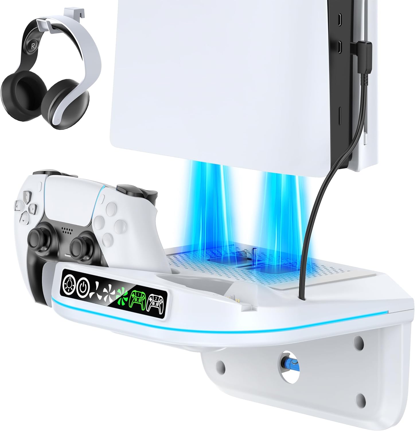 P S5 Wall Mount Kit with Cooling Fan and Charging Station Compatible with PS5/ Slim/ Pro Disc and Digital, PS Five Floating Shelf with 9 RGB Lights, P S5 Mount Behind TV, P S5 Accessories for Gaming P S5 Wall Mount Kit with Cooling Fan and Charging Station Compatible with PS5/ Slim/ Pro Disc and Digital, PS Five Floating Shelf with 9 RGB Lights, P S5 Mount Behind TV, P S5 Accessories for Gaming