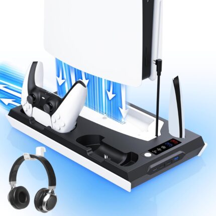 PS5 / PS5 Slim Cooling Station with Dual Controller Charging Station, PS 5 Cooling Stand for PlayStation 5 Console, Headset Holder/ PS 5 Cooling Fan/4 USB Hub All in One Accessories Organizer, Black