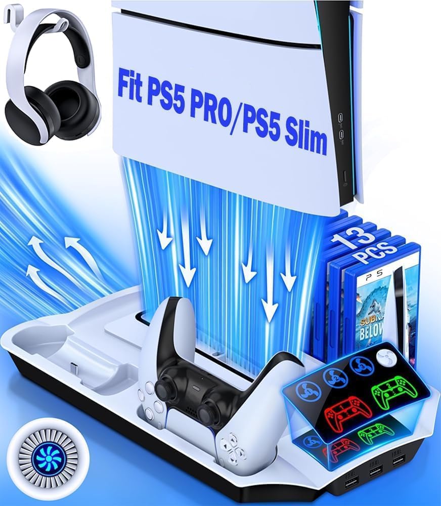 PS5 Slim Stand and Turbo Cooling Station with Controllers Charger Station for Playstation 5, PS5 Pro Console Accessories with 3 Levels Cooling Fan 13-Game Organizer Headset Holder for PS5 Digital/Disc PS5 Slim Stand and Turbo Cooling Station with Controllers Charger Station for Playstation 5, PS5 Pro Console Accessories with 3 Levels Cooling Fan 13-Game Organizer Headset Holder for PS5 Digital/Disc
