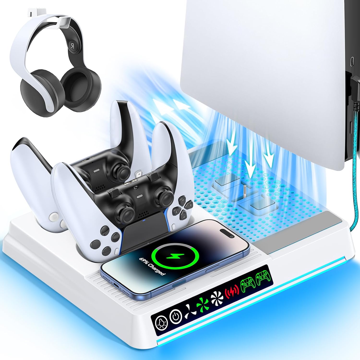 PS5/ Slim/PRO Cooling Station with Controller & Wireless Charger, PS 5 Vertical Cooling Stand for Disc & Digital Console, Dual PS5 Controller Charging Station for DualSense & Edge PS5/ Slim/PRO Cooling Station with Controller & Wireless Charger, PS 5 Vertical Cooling Stand for Disc & Digital Console, Dual PS5 Controller Charging Station for DualSense & Edge