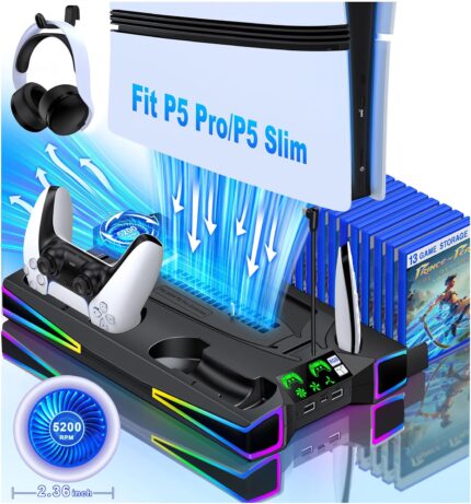 PS5 Stand Cooling Station for PS5/PS5 Slim Console, PS5 Accessories Vertical Stand with 2.36in Large P5 Fan Cooling Fan, Colorful Light, Dual Controller Charger, Headset Holder, 3 Charger Port-Black