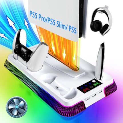 PS5 Stand for PlayStation 5 Console, PS5 Cooling Station & Charging Station with RGB, PS5/Slim/Pro Controller Charger Incl.3 Level Fan,Headset, PS5/Slim/Pro Accessories Comes 3 USB Ports