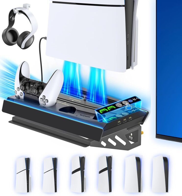 PS5 Wall Mount Kit with Charging Station for Edge & Dual Controller, 9 Light Modes PS5 Cooling Station with 3-Level Fan, PS5 Pro Stand Wall for PS5/Slim/Pro Disc&Digital, PS 5 Accessories Shelf Mount