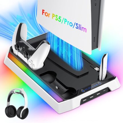 PS5/Slim/Pro Cooling Station, RGB P5 Controller Charger for PS5 Accessories, Ultra Quiet Cooling Fan for PS5 Digital/Disc Console, with 3 Level Fan, 4 USB Hub ﻿