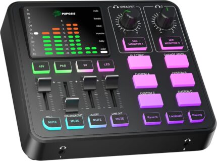 PUPGSIS Gaming Audio Mixer, Audio Interface for PC/Podcast/Streaming, Sound Board with 3.5mm/XLR Mic Input, 48V Phantom Power, Voice Changer, Live Sound Card with DJ Mixer Effects/Bluetooth/4 Channel