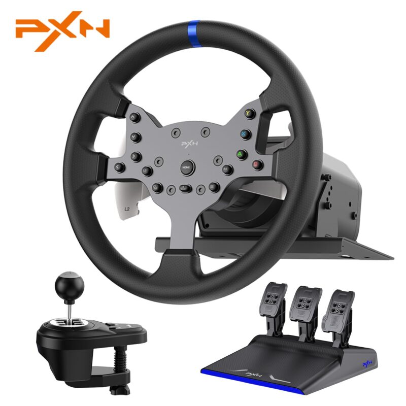 PXN V99 Driving Force Steering Wheel, 3.2Nm Dual-Motor Force Feedback Base, 11.8-inch TPR Rubber Wheel Cover Sim Racing Wheel With Shifter and Pedal, Desk Clamp, for PC, PS4, Xbox One, Xbox Serive X|S