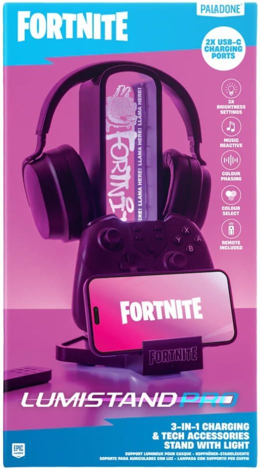 Paladone Fortnite 3-in-1 Headphone Stand and Tech Charging Station with Console Controller Cradle and 2 USB-C Ports, RGB Colour Changing Light Panel, Officially Licensed Gift for Gamers Paladone Fortnite 3-in-1 Headphone Stand and Tech Charging Station with Console Controller Cradle and 2 USB-C Ports, RGB Colour Changing Light Panel, Officially Licensed Gift for Gamers
