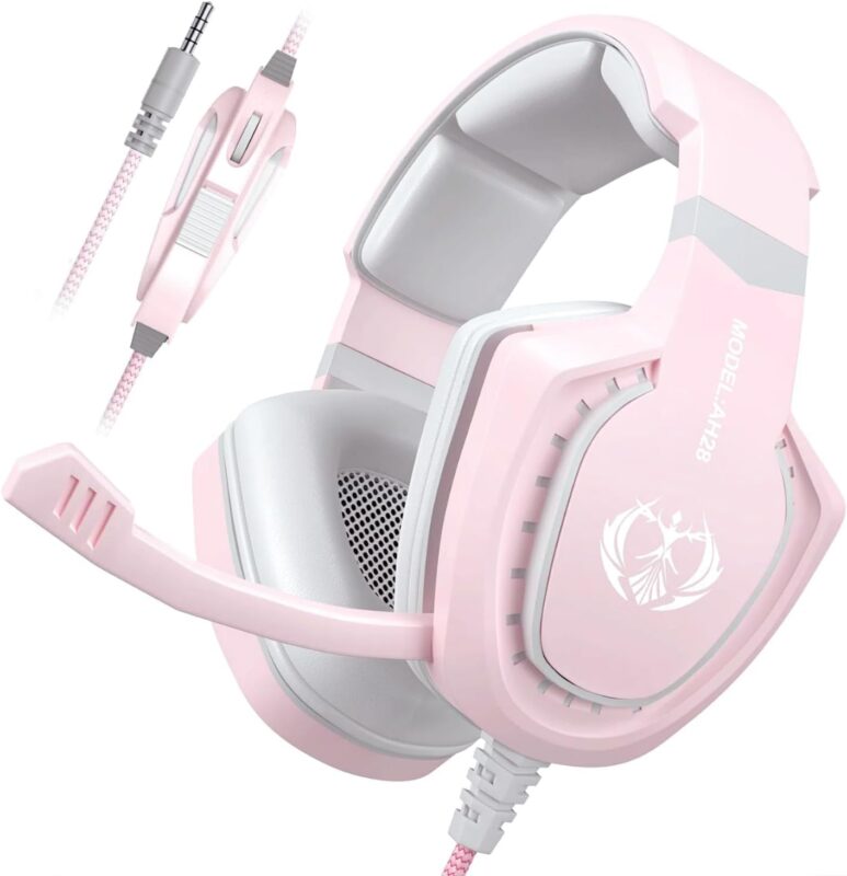 Pink Gaming Headset with Mic for Girls Women, Stereo Surround Sound Wired Over-Ear Headphones with Microphone, Bass, Compatible with PC Mac Computer PS5 Xbox PS4 Laptop