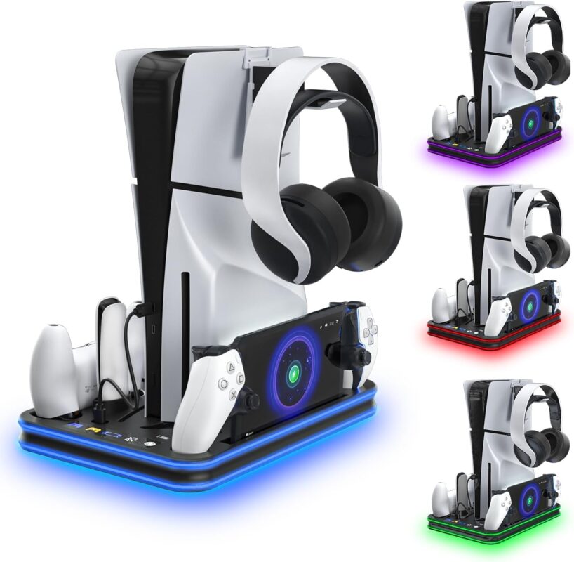 PlayStation Portal Charger, PS5 Stand and Cooling Station with RGB LED Controller Charging Dock Accessories, PS5 Edge Controller and PS Portal Charger, Headset and Remote Holders