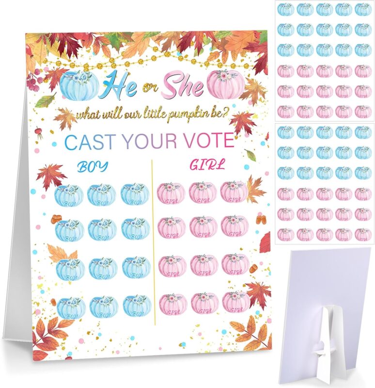 Poen Gender Reveal Board with Stand What Will Our Be Gender Reveal Game with 60 Pcs Voting Stickers for Cast Your Vote Guess Game Baby Shower(Warm)