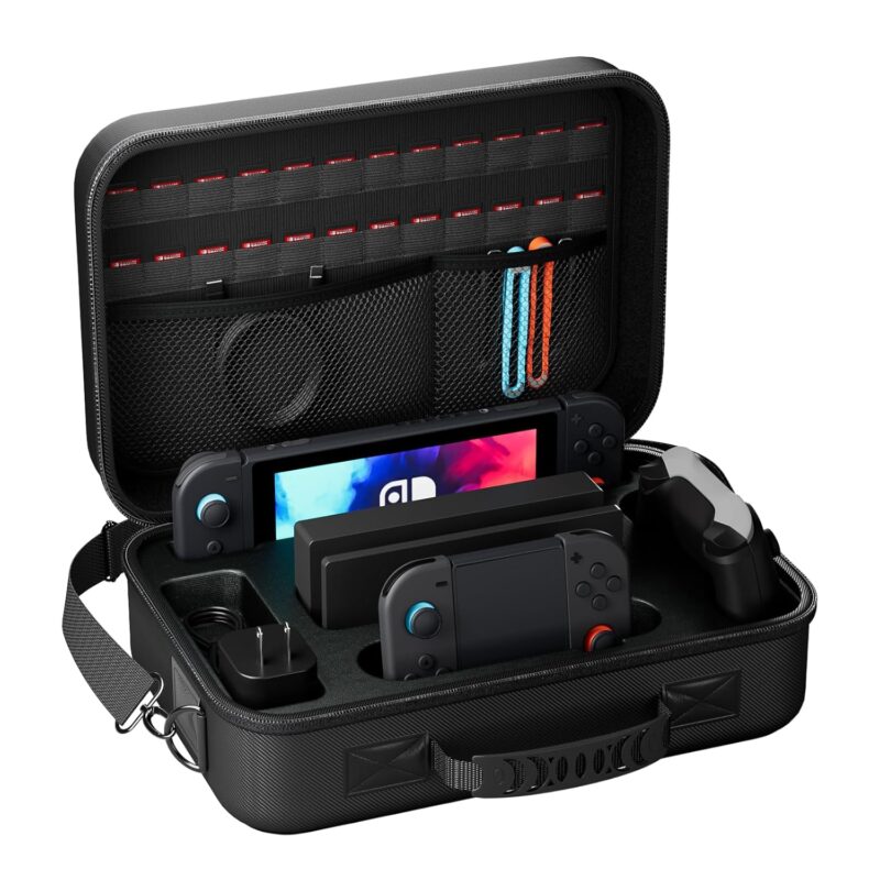 ProCase Large Case for Nintendo Switch 2 2025, Hard Carrying Travel Bag with Shoulder Strap and 24 Game Card Slots, Portable Storage Box Holder for Switch 2 Dock Console Joy-Con and Accessories -Black