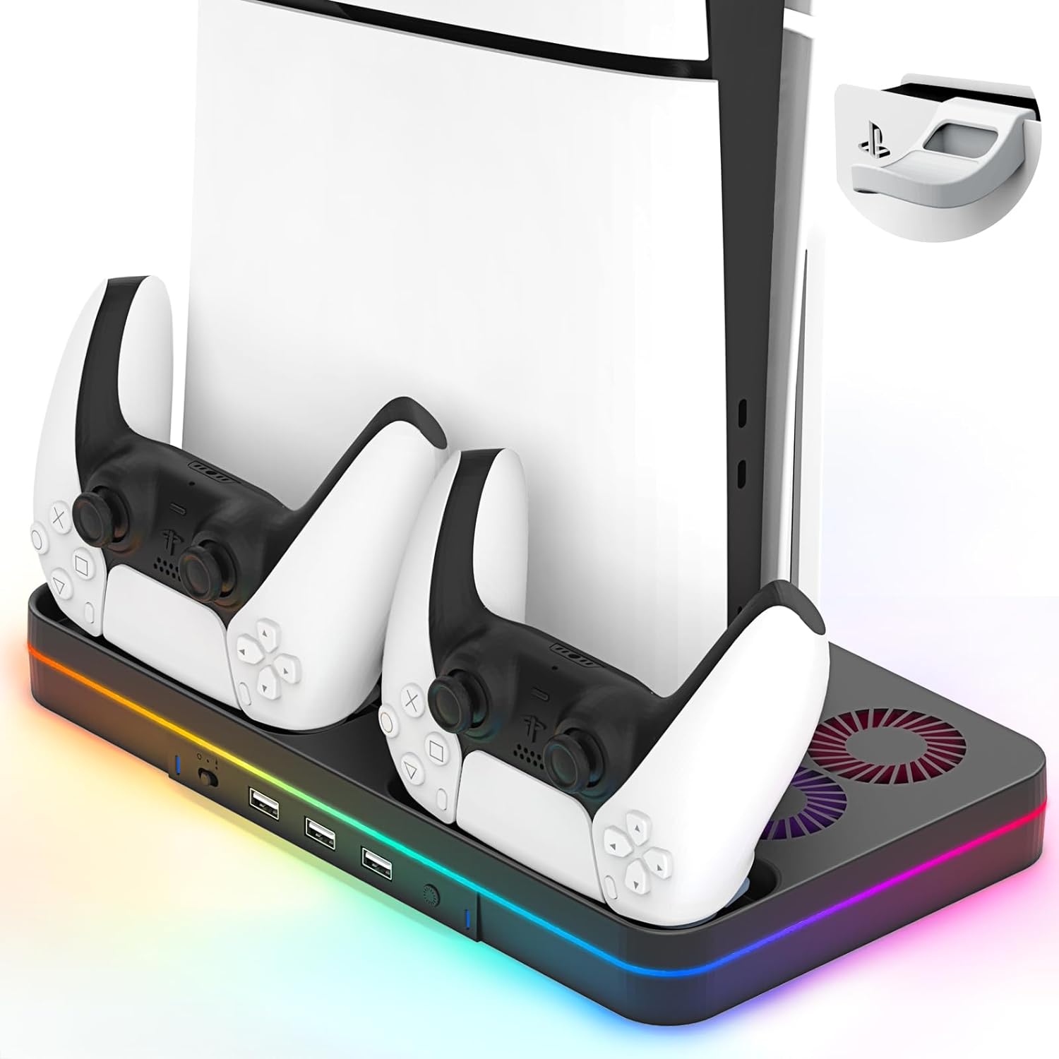 Ps5 Slim Console Cooling Station,Ps5 Slim(Disc & Digital Editions) Stand Accessories with 2 Cooling Fan&2 Controller Charging Station,PlayStation 5 Cooling Stand with RGB Light,Headset Holder,3 USB Ps5 Slim Console Cooling Station,Ps5 Slim(Disc & Digital Editions) Stand Accessories with 2 Cooling Fan&2 Controller Charging Station,PlayStation 5 Cooling Stand with RGB Light,Headset Holder,3 USB
