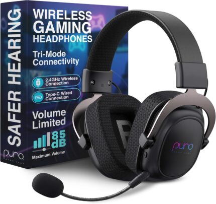 Puro Sound Labs Wireless Gaming Headset – Easy to Pair with 2.4GHz USB, Volume-Limited, Tri-Mode Connectivity, Detachable Mic, 32-Hour Battery, Wireless Gaming Headphones for PC – PuroGamer-BT, Black