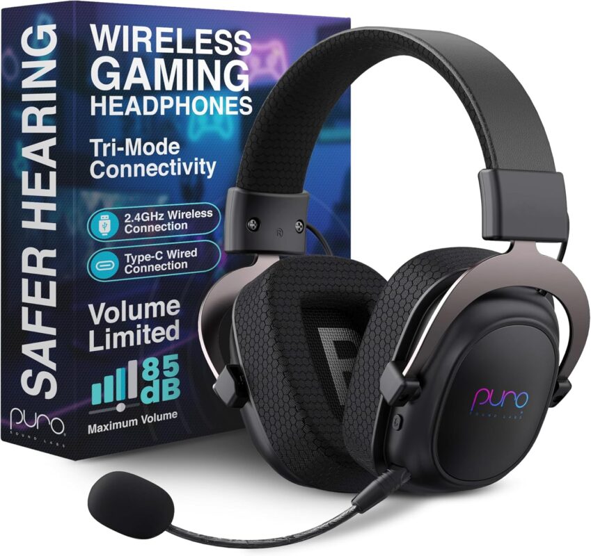 Puro Sound Labs Wireless Gaming Headset - Easy to Pair with 2.4GHz USB, Volume-Limited, Tri-Mode Connectivity, Detachable Mic, 32-Hour Battery, Wireless Gaming Headphones for PC - PuroGamer-BT, Black