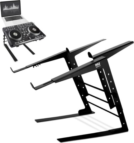 Pyle Portable Dual Laptop Stand – Standing Table with Adjustable Height, Ergonomic Design & Anti-Slip Prongs for DJ Mixer, Sound Equipment, Workstation, Gaming & Home Use – PLPTS38, Black