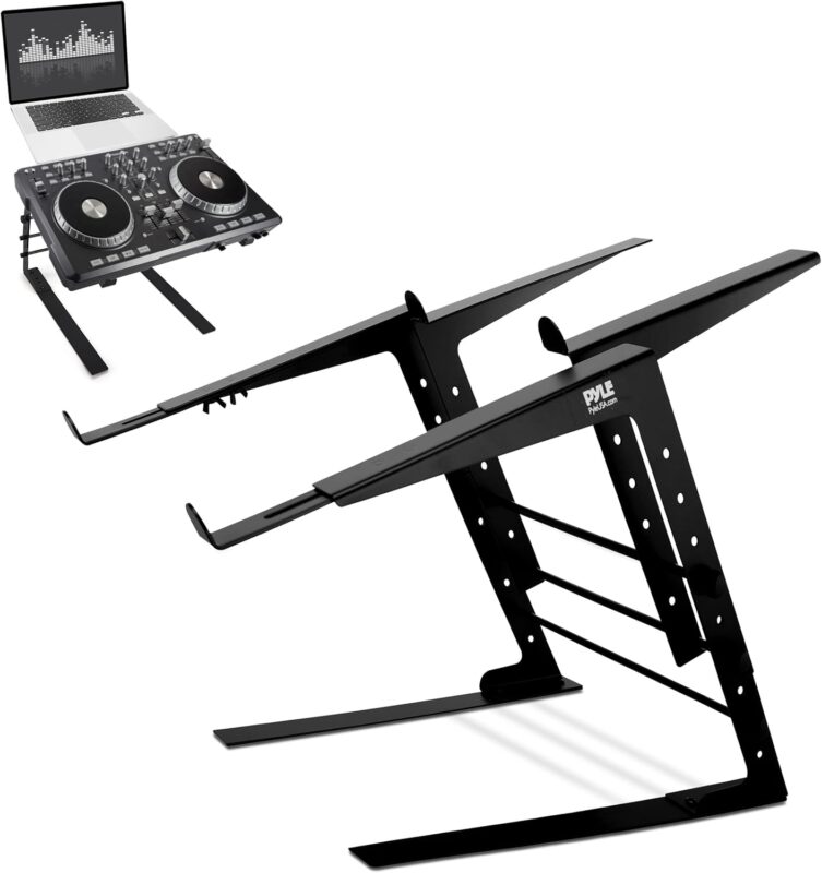 Pyle Portable Dual Laptop Stand - Standing Table with Adjustable Height, Ergonomic Design & Anti-Slip Prongs for DJ Mixer, Sound Equipment, Workstation, Gaming & Home Use - PLPTS38, Black