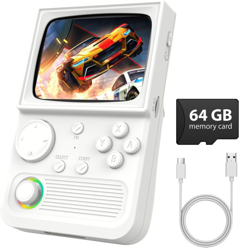 R36T Retro Game Console, Handheld Game Console with 3.5in IPS HD Screen, Video Game Consoles Supports WiFi Networked Fighting and OTG, 3500mAh Battery, 64GB TF Card, White
