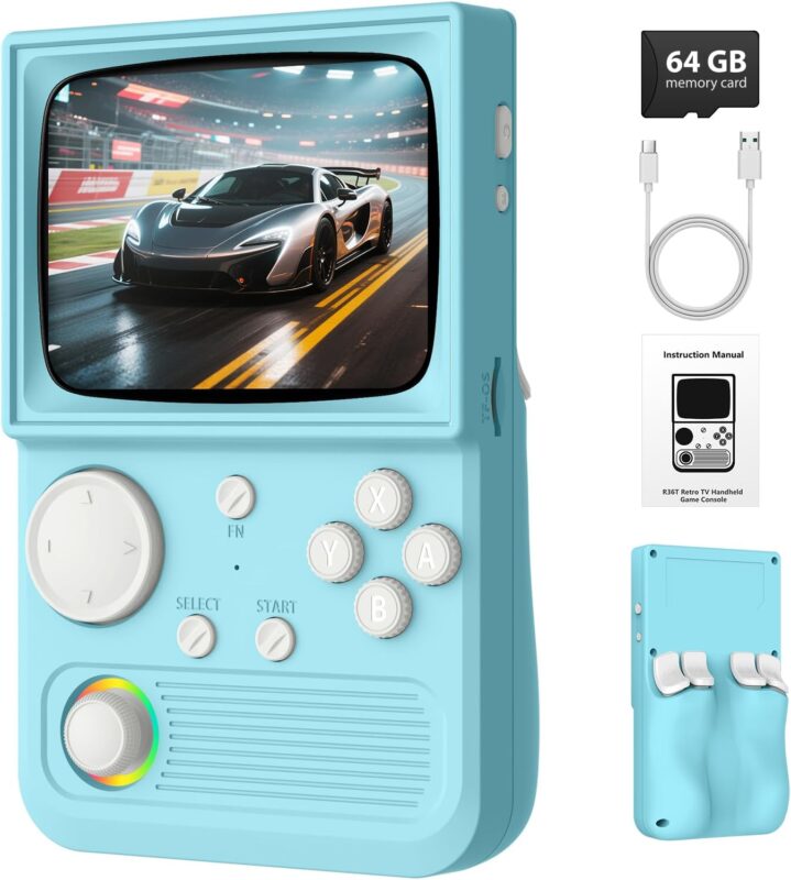 R36T Retro Handheld Game Console, Portable Retro Gaming Console with 3.5” CRT-Inspired Screen, 3500mAh Arcade Classics, Supports Multiple Mainstream Emulators, WiFi Network Battling, 64GB (Blue)