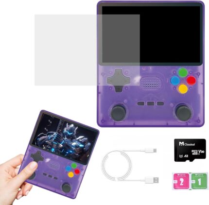 R39S Handheld Game Console with 20000+ Classic Games, 4” Large Screen Mini Video Gaming Console Support Gamepad, TV Output, Portable Pocket Games Console for Two Players, 15+ Emulators (Purple)