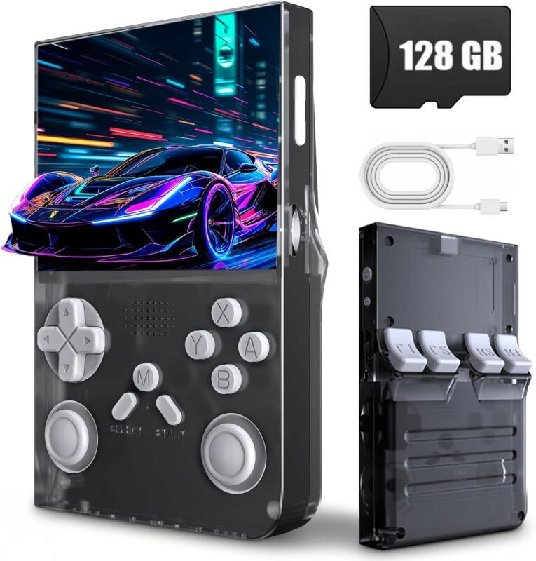 R40S Pro+ Handheld Game Console, 18000+ in 1 Games Mini Retro Video Console, 3.5-Inch IPS Screen,128GB TF Memory Memory,Built in 45+ Emulators,3800mAh Battery (Black 128G)