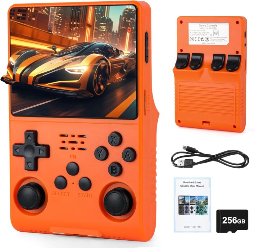 R40S Pro Handheld Retro Gaming Console – 256GB Storage, 3800mAh Battery, 3.5" Full-Lamination IPS Screen, 20+ Emulators, Preloaded 30,000 Games, Multiplayer Support (Orange)