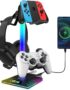 RGB Gaming Headphones Stand with 2 USB Ports Headset Stand with 10 Light Modes and Non-Slip Rubber, Suitable for All Earphone Accessories, Best Gift for Husband, Kids, Boyfriend