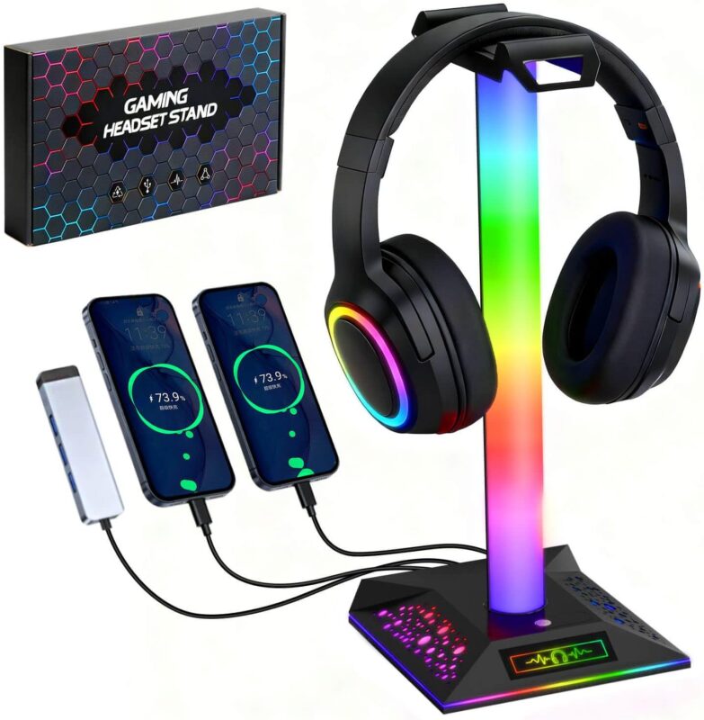 RGB Gaming Headset Stand, LED Headset Holder with 3 Charging Ports (2 USB & 1 Type-C) & 10 Lighting Modes, Headphone Stand Cool Stuff for Boys, Desk PC Gaming Accessories Gifts for Gamers Men Adult