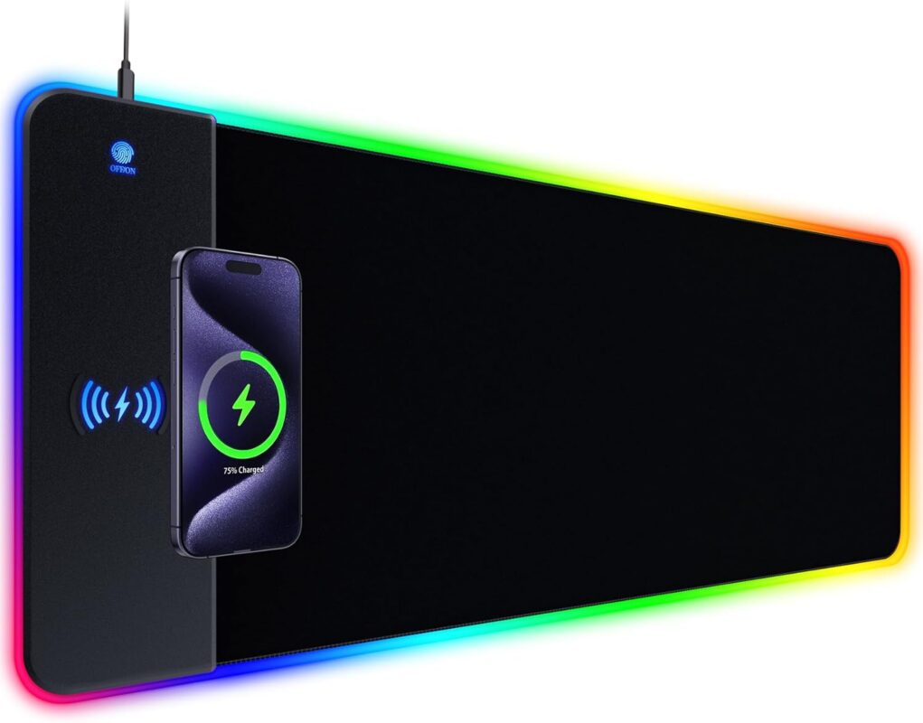 RGB Gaming Mouse Pad With 15W Wireless Charging, Extra Large LED Mousepad, 14 Light Modes, XXL Size, Ergonomic Computer Pad, Non-Slip Rubber Base for Laptop, Gifts for Gamer/Men