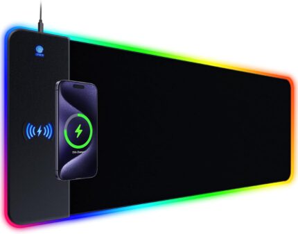 RGB Gaming Mouse Pad With 15W Wireless Charging, Extra Large LED Mousepad, 14 Light Modes, XXL Size, Ergonomic Computer Pad, Non-Slip Rubber Base for Laptop, Gifts for Gamer/Men