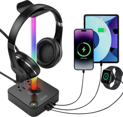 RGB Headphone Stand with USB Charger COZOO Desktop Gaming Headset Holder Hanger with 3 USB Charger and 2 Outlets – Great for Gaming, DJ, Wireless Earphone Display,Gamer PC Accessories Boyfriend Gifts