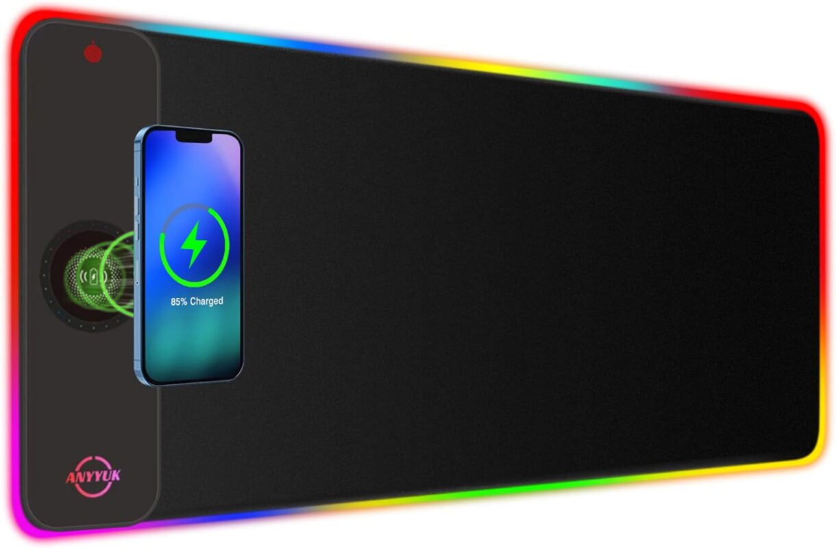 RGB LED Mouse Pad with 15W Wireless Charger Gaming Mouse Pad with 10 Light Modes, Extra Large Mousepad Non-Slip Rubber Base Computer Keyboard Mat for Men
