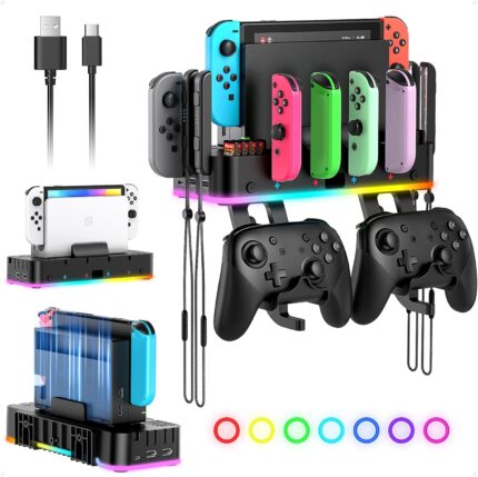 RGB Switch Wall Mount for Joy-Con Charger, Switch Holder for Nintendo Switch 1/ OLED with Switch Organizer, Switch Accessories with 15 Light Mode, 4 Controller Charger, 2 USB Port, 10 Card Slot