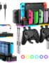 RGB Switch Wall Mount for Joy-Con Charger, Switch Holder for Nintendo Switch 1/ OLED with Switch Organizer, Switch Accessories with 15 Light Mode, 4 Controller Charger, 2 USB Port, 10 Card Slot