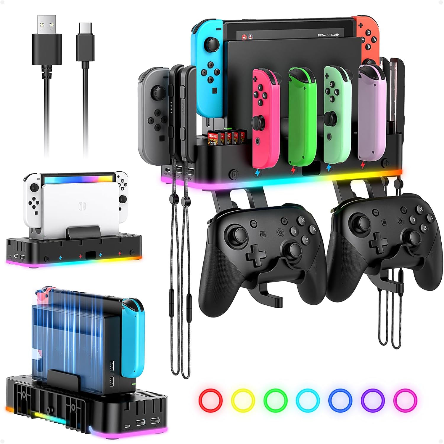 RGB Switch Wall Mount for Joy-Con Charger, Switch Holder for Nintendo Switch 1/ OLED with Switch Organizer, Switch Accessories with 15 Light Mode, 4 Controller Charger, 2 USB Port, 10 Card Slot RGB Switch Wall Mount for Joy-Con Charger, Switch Holder for Nintendo Switch 1/ OLED with Switch Organizer, Switch Accessories with 15 Light Mode, 4 Controller Charger, 2 USB Port, 10 Card Slot