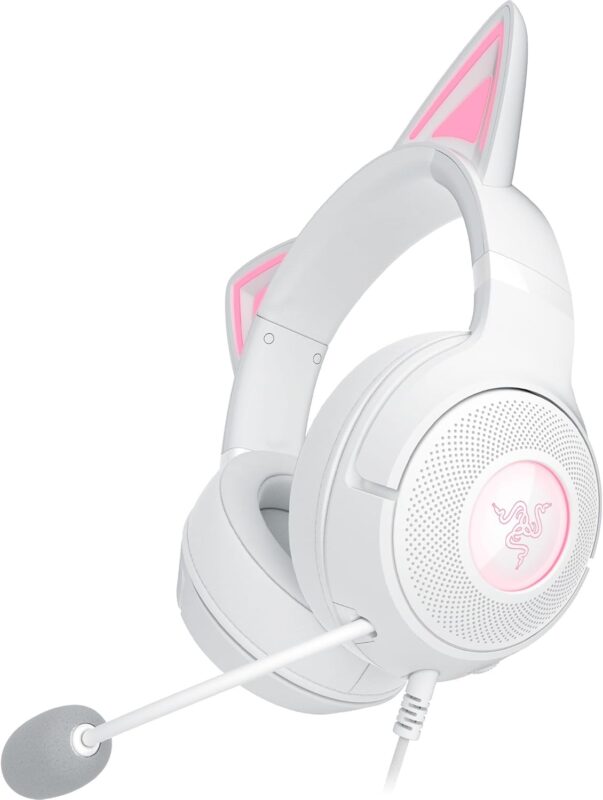 Razer Kraken Kitty V2 USB Wired Headset: Chroma RGB Kitty Ears - Stream Reactive Lighting - HyperClear Cardioid Mic - 40 mm Drivers - 7.1 Surround Sound - Comfortable Ear Cushions - White