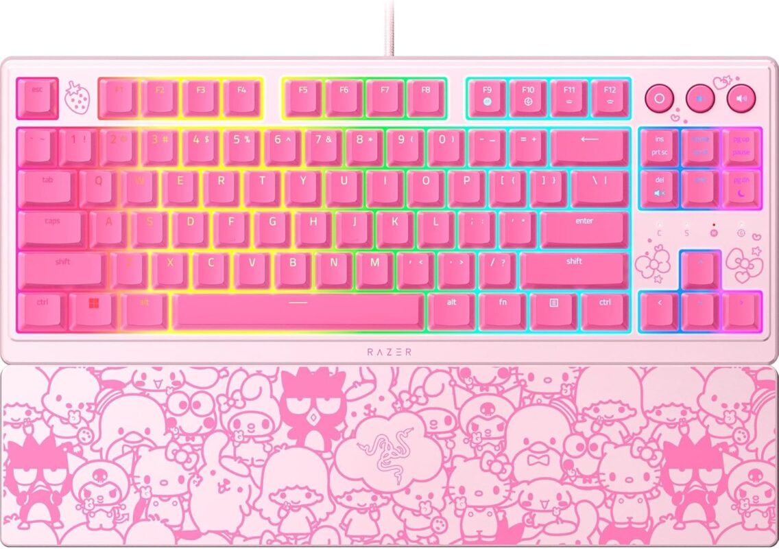 Razer Ornata V3 TKL Gaming Keyboard: Low-Profile Keys - Mecha-Membrane Switches - UV-Coated Keycaps - Backlit Media Keys - 8-Zone RGB Lighting - Magnetic Wrist Wrest - Hello Kitty & Friends Edition