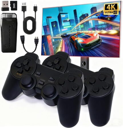 Retro Game Console Stick – Plug & Play Wireless Video Game System with Multiple Classic Games, 9 Emulators, 4K HDMI Output, 2.4GHz Dual Controllers, Nostalgic Arcade Stick for Adults & Kids (64G)