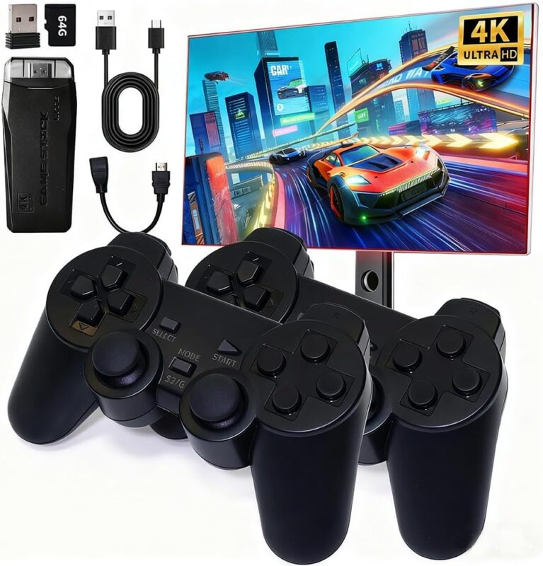 Retro Game Console Stick – Plug & Play Wireless Video Game System with Multiple Classic Games, 9 Emulators, 4K HDMI Output, 2.4GHz Dual Controllers, Nostalgic Arcade Stick for Adults & Kids (64G)