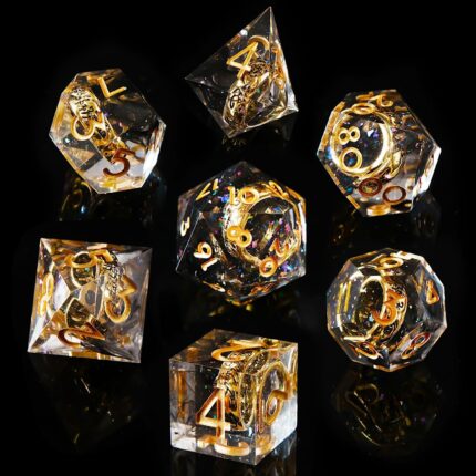 Ring DND Dice Set Sharp Edge Resin Dice,Golden Ring Inclusion Suitable for Lord of The Ring D&D Dice RPG Role Playing Games Suitable for Dungeons and Dragons Polyhedral Dice Set（Gold Black）