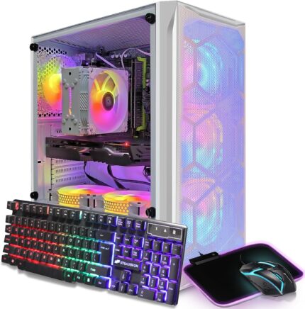 STGAubron Gaming PC Desktop Computer, Intel Xeon E5 2.5G up to 3.3G, Radeon RX 590 8G, 32G Memory, 1TB SSD, 600M WiFi, BT 5.0, RGB Fan x 6, Windows 11 Home, White