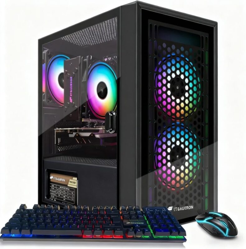 STGAubron Gaming PC Desktop Computer, Intel i7 Xeon E5 3.0GHz, Radeon RX 550 4G, 16GB RAM, 512GB SSD, WiFi 6, BT 5.0, RGB Fan x3, Windows 11 Home